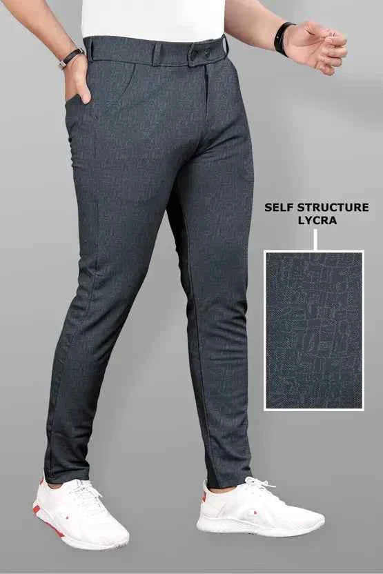 Men Slim Fit Grey Lycra Blend Trousers