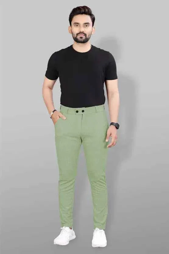 Men Slim Fit Green Lycra Blend Trousers