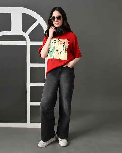 OYEEBRO Women Graphic Print Regular Fit Round-Neck T-Shirt