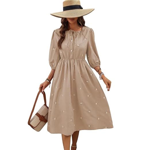 SMOWKLY Cotton Blend Women's Casual Solid Printed Dress Mid-Length Maxi Dress