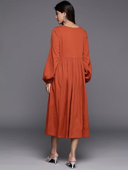 Varanga Women Rust V-Neck A-Line Dress