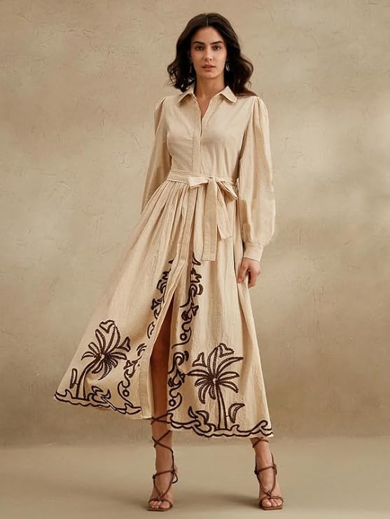 SMOWKLY Cotton Blend Women's Casual Solid Printed Dress Mid-Length Maxi Dress