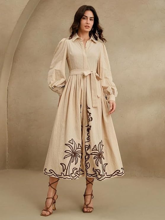 SMOWKLY Cotton Blend Women's Casual Solid Printed Dress Mid-Length Maxi Dress