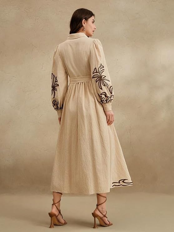 SMOWKLY Cotton Blend Women's Casual Solid Printed Dress Mid-Length Maxi Dress
