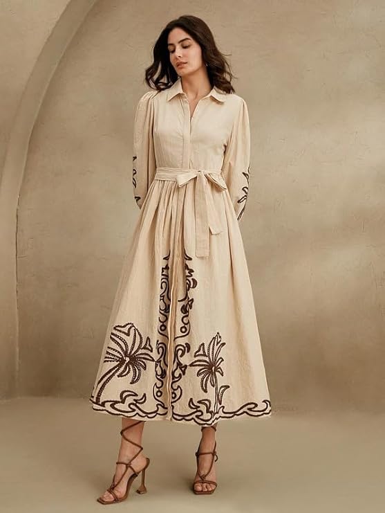 SMOWKLY Cotton Blend Women's Casual Solid Printed Dress Mid-Length Maxi Dress