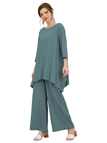 TADKEE Women's Solid Color Round Neck 3/4 Sleeve Co-ord Set