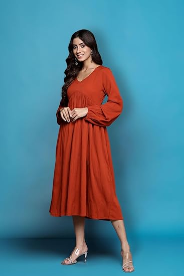Varanga Women Rust V-Neck A-Line Dress