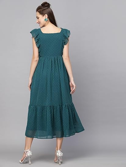 Sugathari Georgette Jacquard Butti Square Neck Knee Length Western Dress