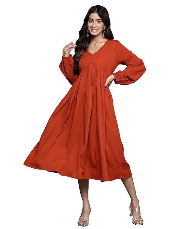 Varanga Women Rust V-Neck A-Line Dress