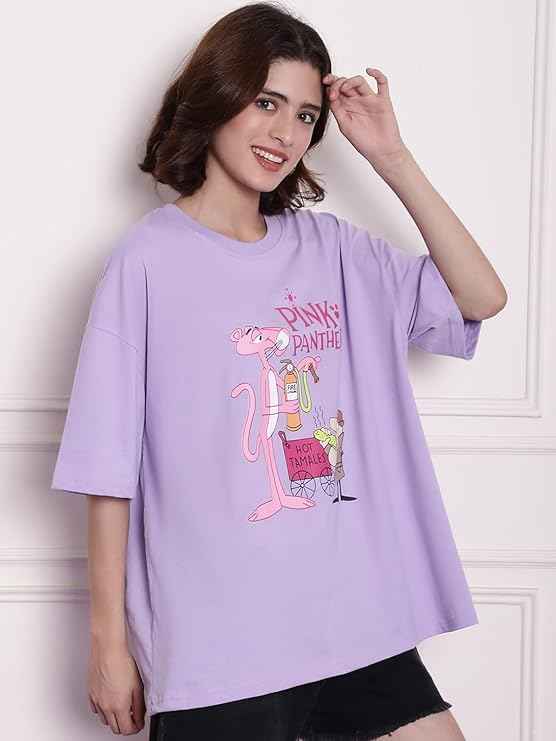 Fabflee Pure Cotton Oversized Baggy Fit Drop Shoulder Latest Aesthetic & Cool Graphic Printed Half Sleeve Tshirt for Women |Casual Loose Korean T-Shirt