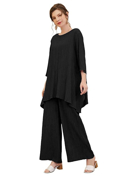 TADKEE Women's Solid Color Round Neck 3/4 Sleeve Co-ord Set