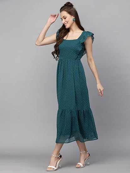 Sugathari Georgette Jacquard Butti Square Neck Knee Length Western Dress