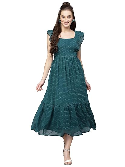 Sugathari Georgette Jacquard Butti Square Neck Knee Length Western Dress