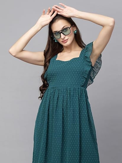 Sugathari Georgette Jacquard Butti Square Neck Knee Length Western Dress