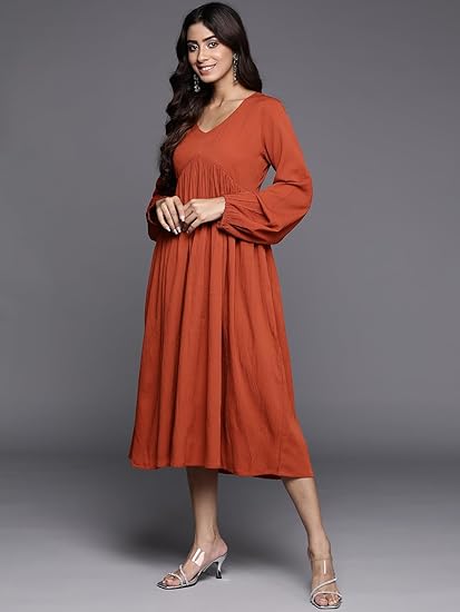 Varanga Women Rust V-Neck A-Line Dress