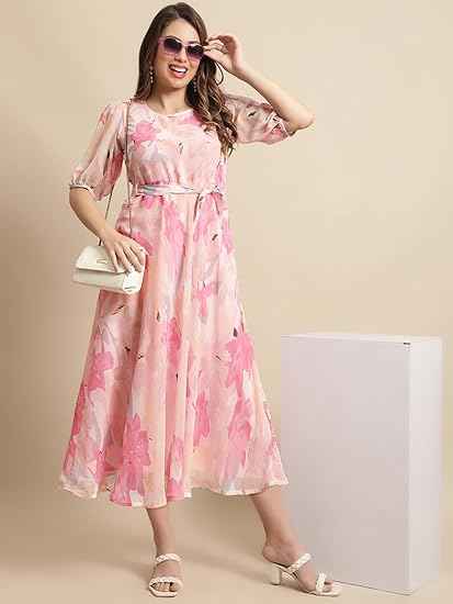 Tee Projekt Women's Georgette Maxi Dress| Digital Print Floral Printed Western Ethnic Gown |Maxi Dress Casual Wear
