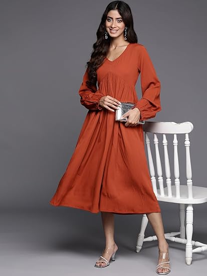 Varanga Women Rust V-Neck A-Line Dress
