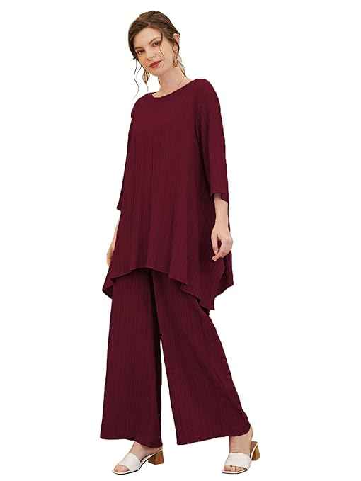 TADKEE Women's Solid Color Round Neck 3/4 Sleeve Co-ord Set | Casual Wear Co ord Set | Kurta Set for Women