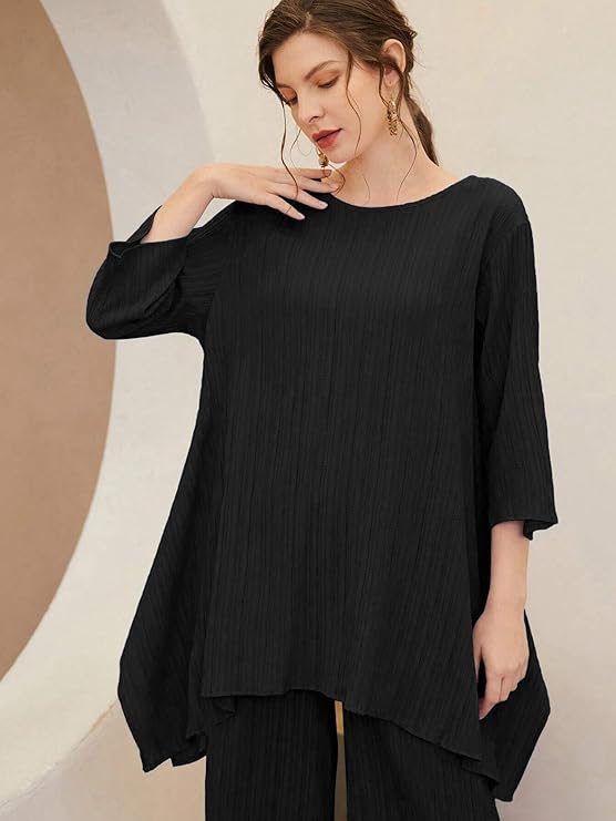 TADKEE Women's Solid Color Round Neck 3/4 Sleeve Co-ord Set