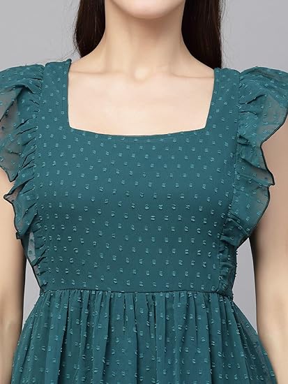 Sugathari Georgette Jacquard Butti Square Neck Knee Length Western Dress