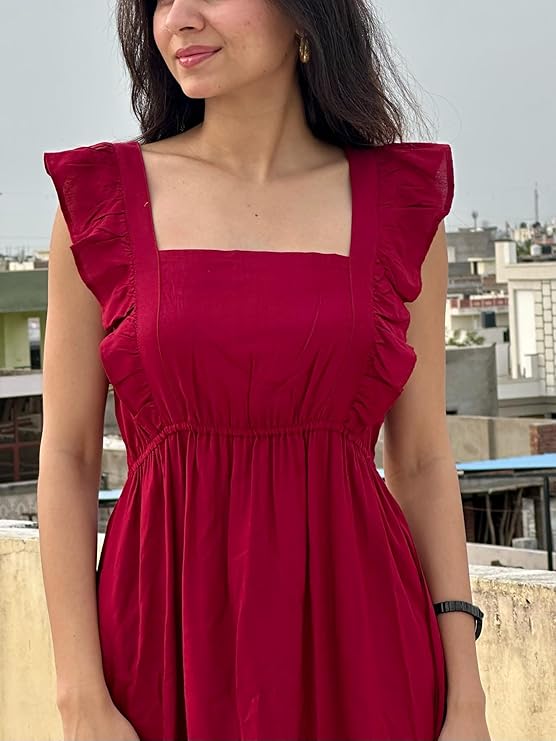 VR Prints Ruffled Strap Dress Square Neck Smocked High Waist Women Maxi Dresses