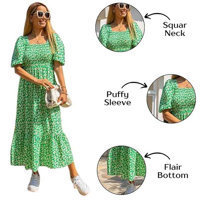Sheetal Associates Women's Casual Flower Print Puff Sleeves Maxi Dress - Pack of 1