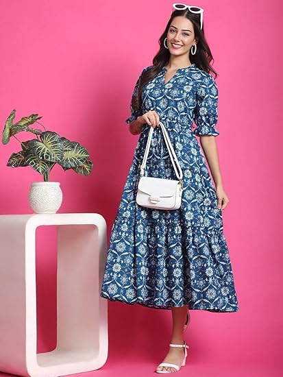 PRESHA Women's Fit and Flare Pure Cotton Long Maxi Dress