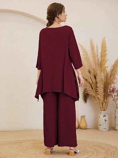 TADKEE Women's Solid Color Round Neck 3/4 Sleeve Co-ord Set | Casual Wear Co ord Set | Kurta Set for Women