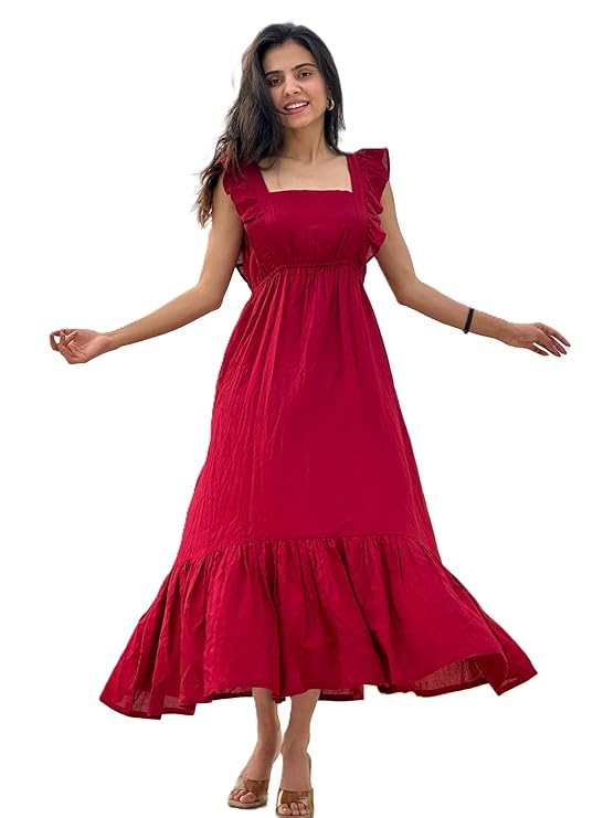 VR Prints Ruffled Strap Dress Square Neck Smocked High Waist Women Maxi Dresses