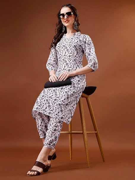 Women's Trendy Printed Straight Cotton Blend Kurta Pant Set