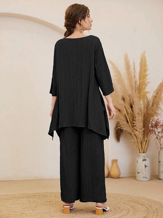 TADKEE Women's Solid Color Round Neck 3/4 Sleeve Co-ord Set