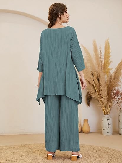 TADKEE Women's Solid Color Round Neck 3/4 Sleeve Co-ord Set