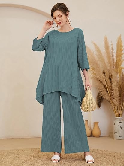 TADKEE Women's Solid Color Round Neck 3/4 Sleeve Co-ord Set