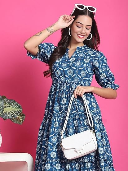 PRESHA Women's Fit and Flare Pure Cotton Long Maxi Dress