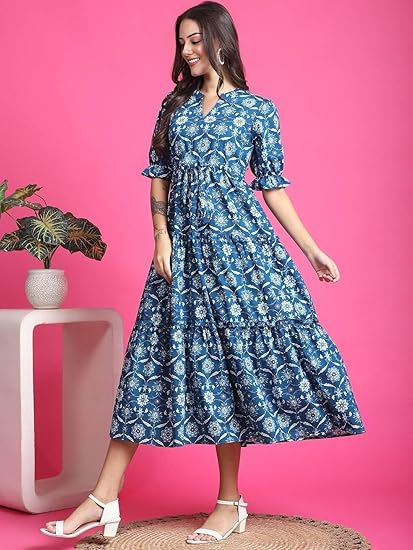 PRESHA Women's Fit and Flare Pure Cotton Long Maxi Dress