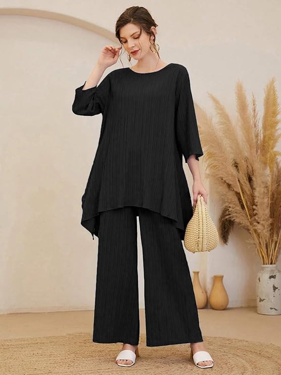 TADKEE Women's Solid Color Round Neck 3/4 Sleeve Co-ord Set