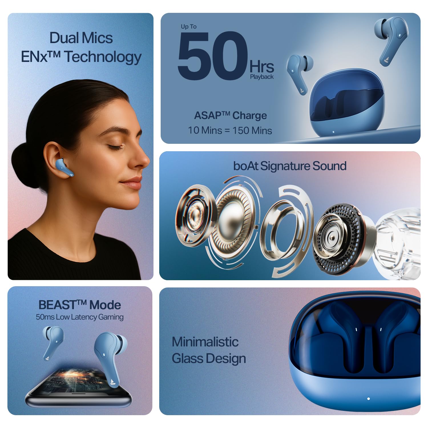boAt 2025 Launch Airdopes Plus 311,Glass Design,ENx Tech,50 H Battery, Fast Charge, Stream Ad Free Music via App Support, Bluetooth Earbuds