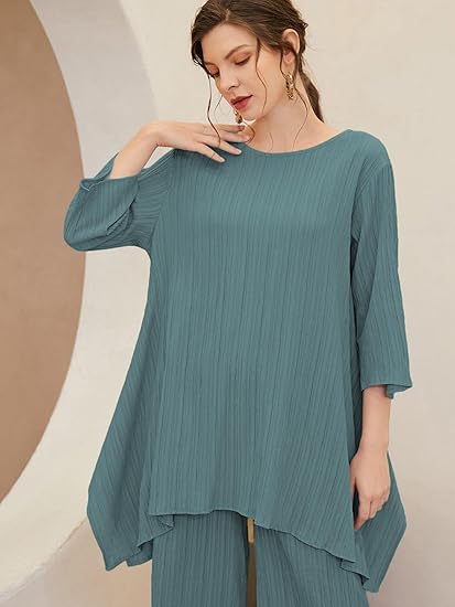 TADKEE Women's Solid Color Round Neck 3/4 Sleeve Co-ord Set