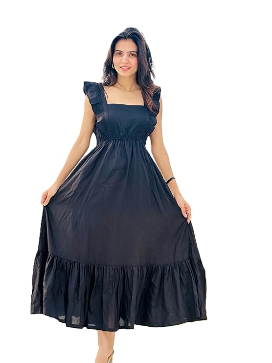VR Prints Ruffled Strap Dress Square Neck Smocked High Waist Women Maxi Dresses