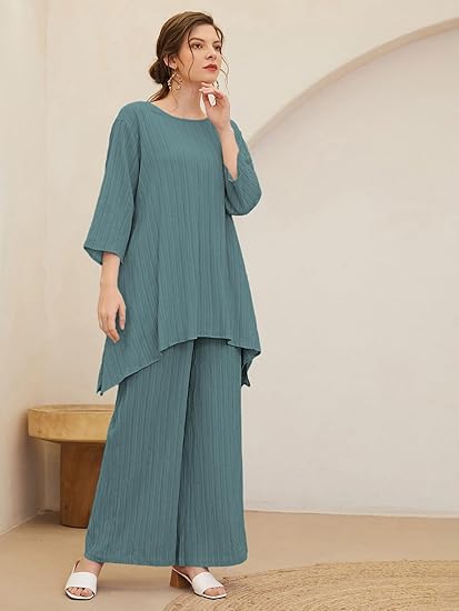 TADKEE Women's Solid Color Round Neck 3/4 Sleeve Co-ord Set