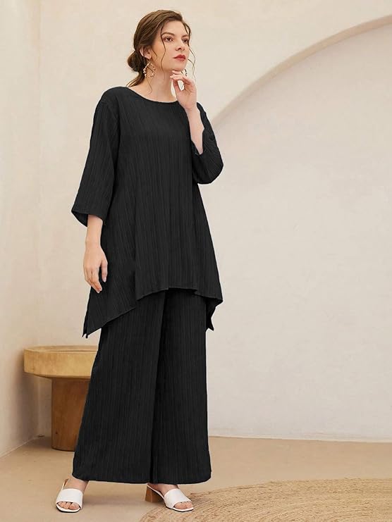 TADKEE Women's Solid Color Round Neck 3/4 Sleeve Co-ord Set
