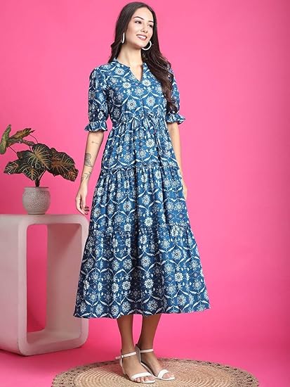 PRESHA Women's Fit and Flare Pure Cotton Long Maxi Dress