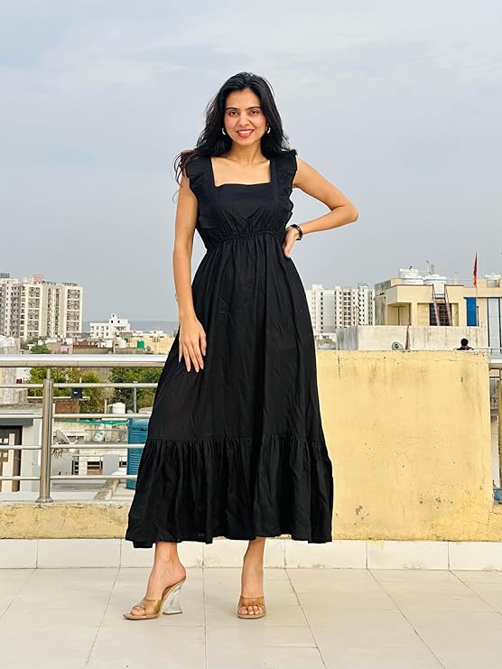 VR Prints Ruffled Strap Dress Square Neck Smocked High Waist Women Maxi Dresses