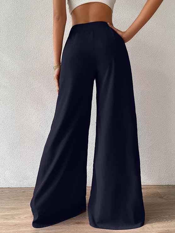 Sugathari Women's Black Frenchy High Waist Wide Leg Korean Baggy Pant Trousers (Pant 117)
