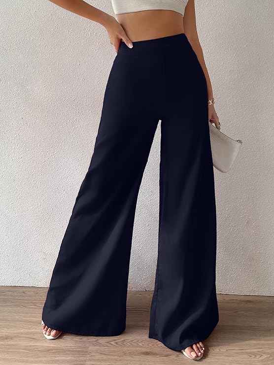 Sugathari Women's Black Frenchy High Waist Wide Leg Korean Baggy Pant Trousers (Pant 117)
