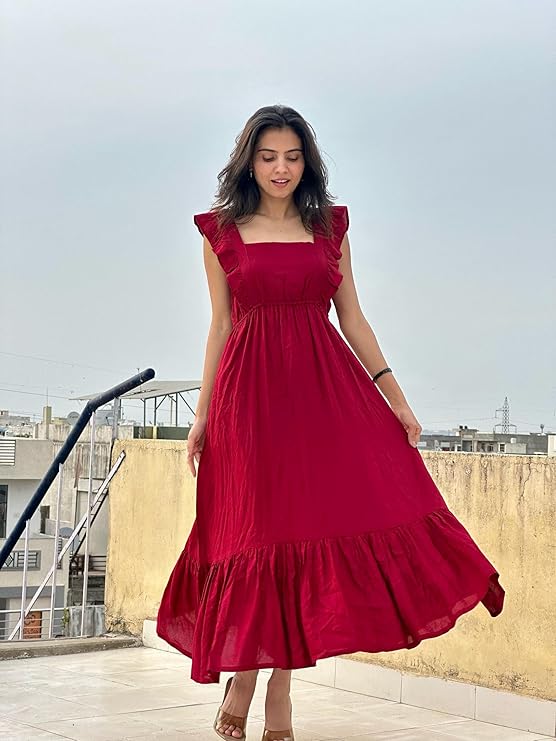 VR Prints Ruffled Strap Dress Square Neck Smocked High Waist Women Maxi Dresses