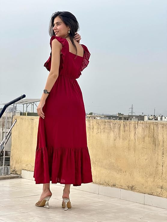 VR Prints Ruffled Strap Dress Square Neck Smocked High Waist Women Maxi Dresses