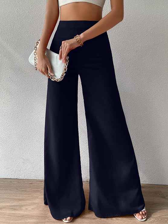 Sugathari Women's Black Frenchy High Waist Wide Leg Korean Baggy Pant Trousers (Pant 117)