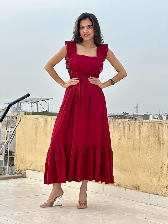 VR Prints Ruffled Strap Dress Square Neck Smocked High Waist Women Maxi Dresses