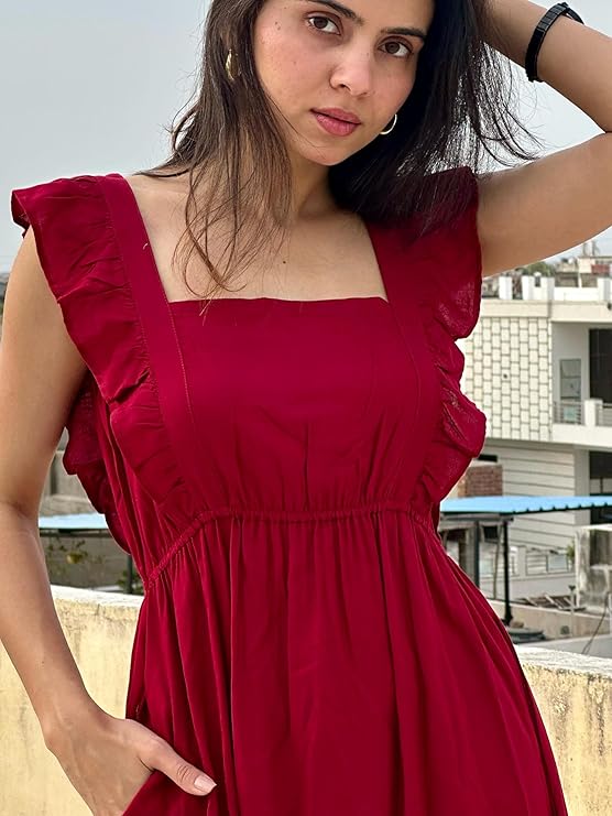 VR Prints Ruffled Strap Dress Square Neck Smocked High Waist Women Maxi Dresses